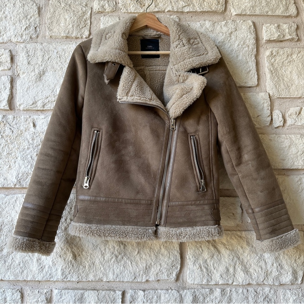 Zara Women's Tan Faux Suede Biker Jacket